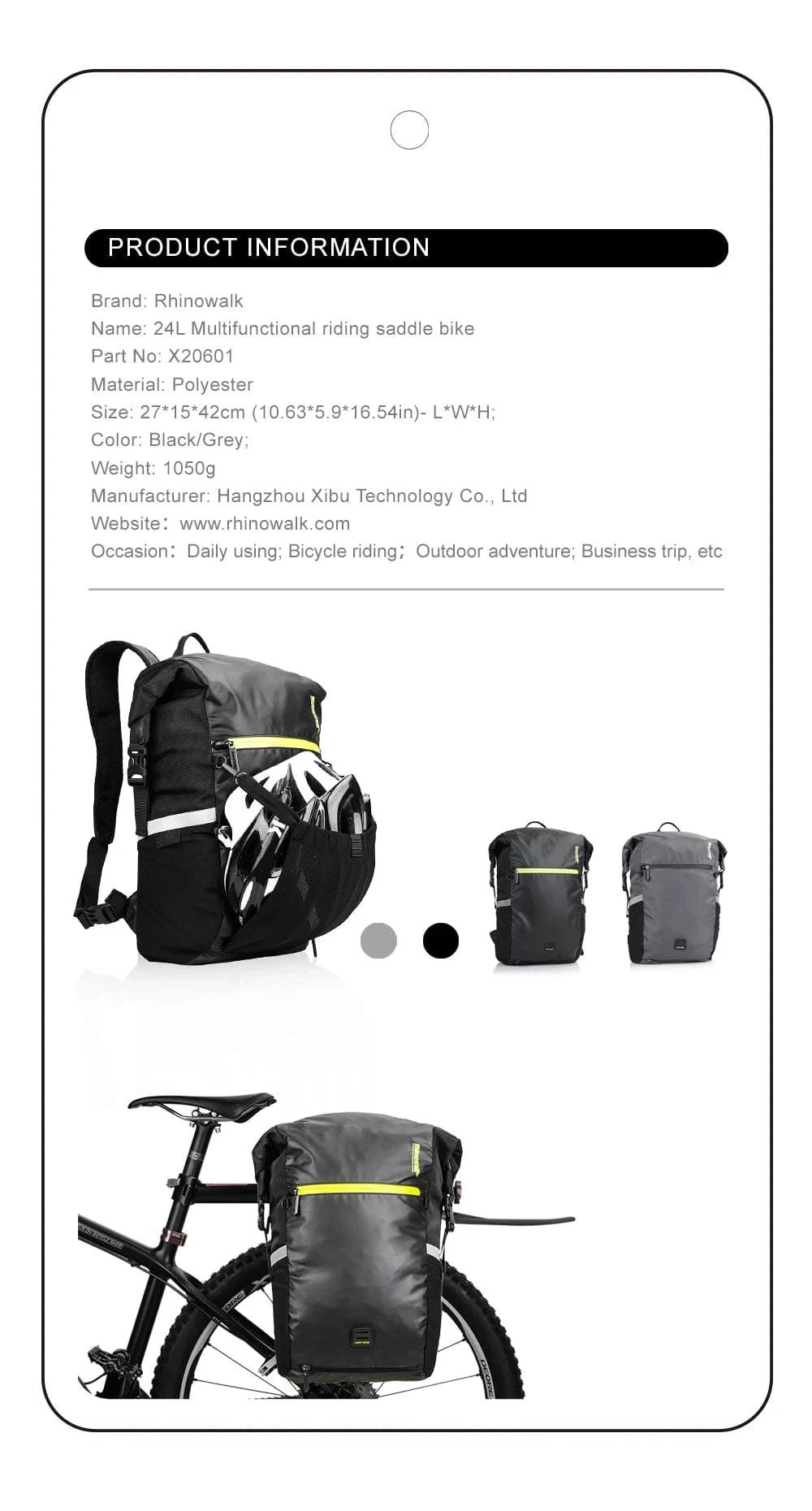RHINOWALK - 24L Waterproof Bike Pannier Bag – Versatile Cycling Backpack