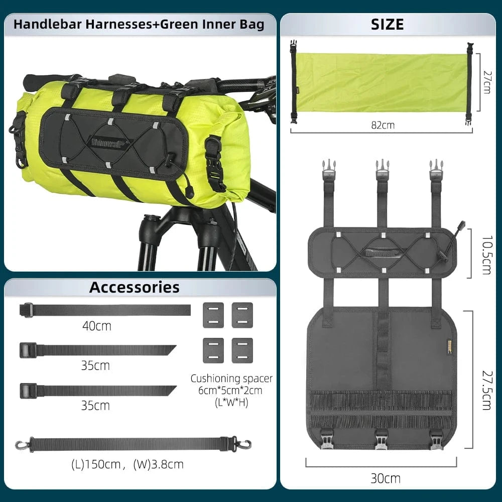 Bike & Bag Bicycle handlebar bags Mounts Bag Set-Green RHINOWALK - Waterproof Handlebar Roll & 12L Dry Bag