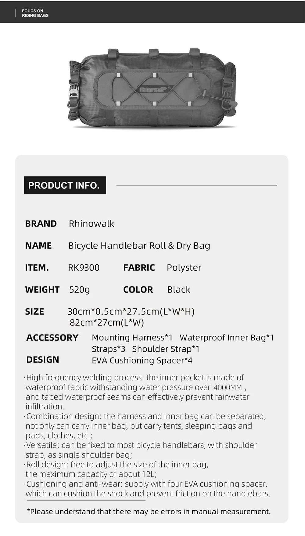 Bike & Bag Bicycle handlebar bags RHINOWALK - Waterproof Handlebar Roll & 12L Dry Bag