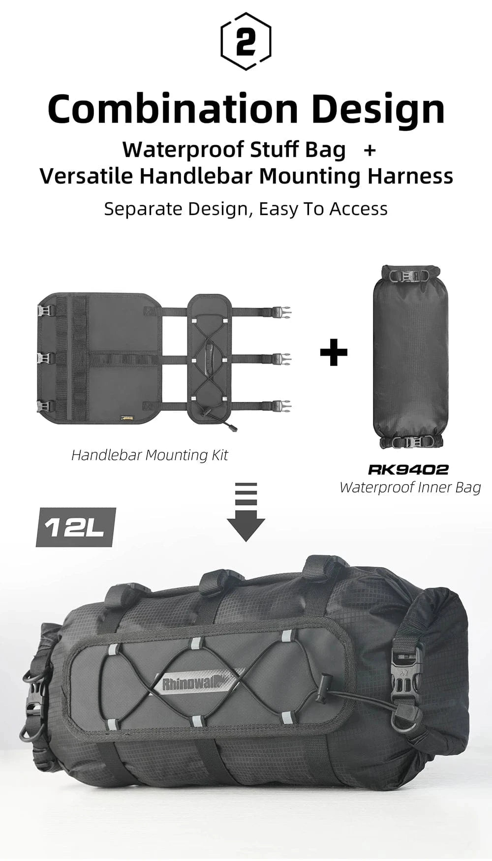 Bike & Bag Bicycle handlebar bags RHINOWALK - Waterproof Handlebar Roll & 12L Dry Bag