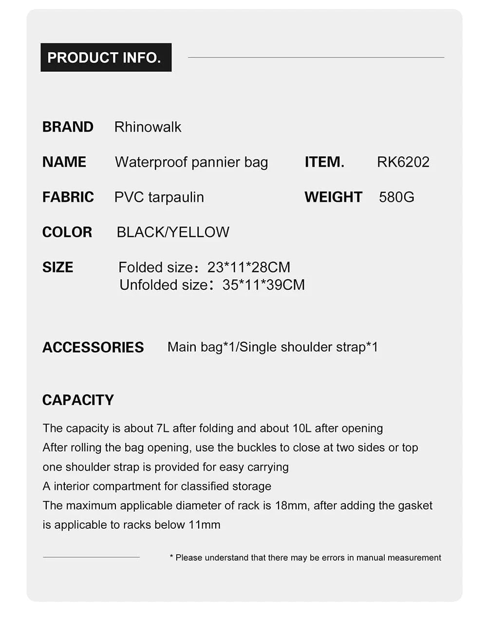 Bike & Bag Bicycle Pannier Bags RHINOWALK - Waterproof Bike Pannier Bag (10L) - Brompton, Road & MTB Pannier