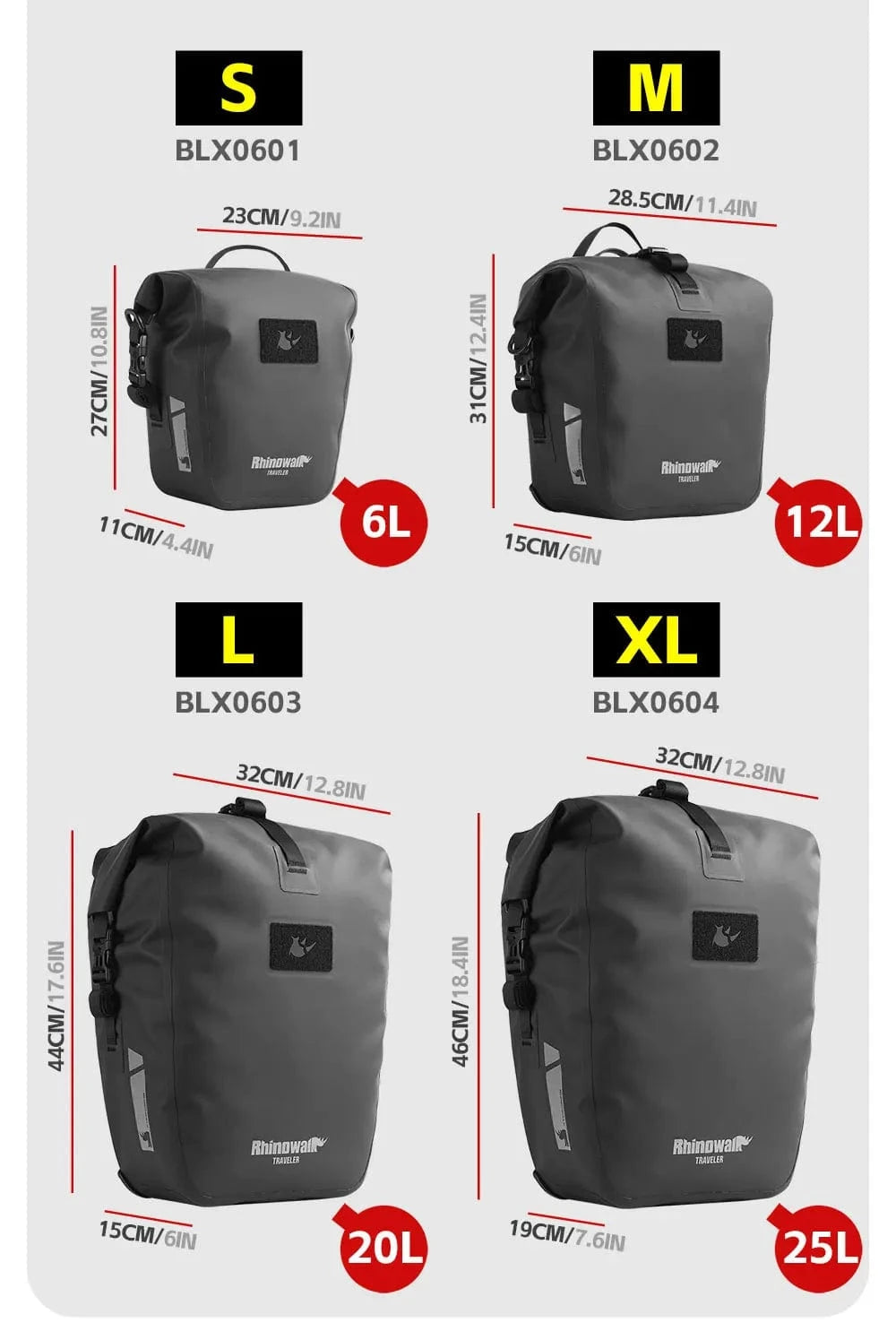 Bike & Bag RHINOWALK - 2025 Traveler Series Waterproof Pannier Bag (6L, 12L, 20L, 25L)