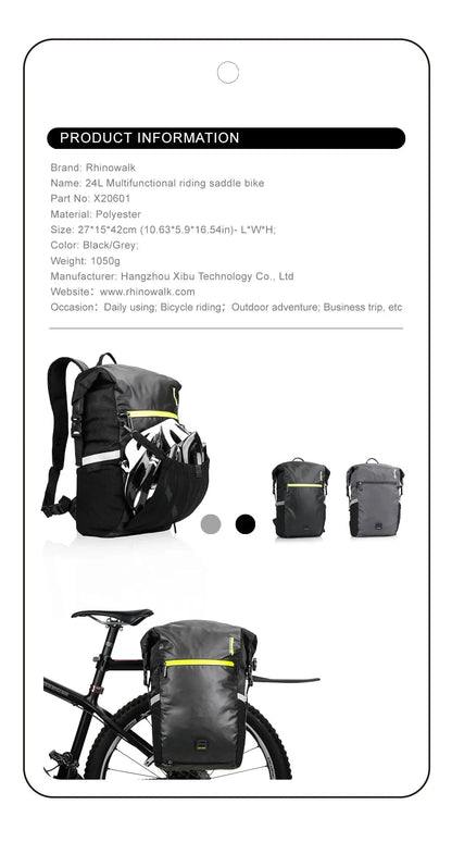 RHINOWALK - 24L Waterproof Bike Pannier Bag – Versatile Cycling Backpack