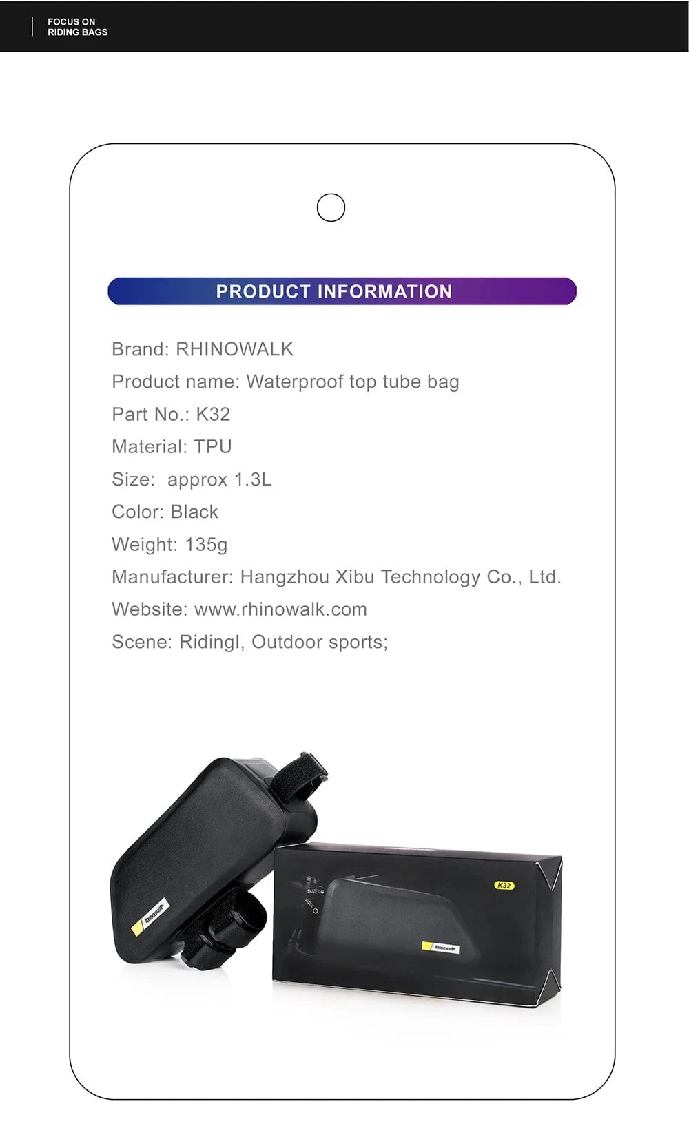 Bike & Bag bicycle top tube bag K32B-1.3LBlack RHINOWALK - Waterproof Top Tube Bag 1.5L – Black