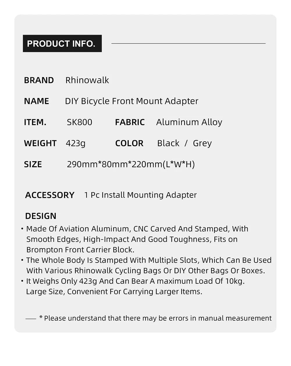 Bike & Bag Front Mount Adapter RHINOWALK - Brompton Front Mount Adapter for Bike Bags – Aluminium Alloy Bike Bag Carrier Block for Folding Bikes