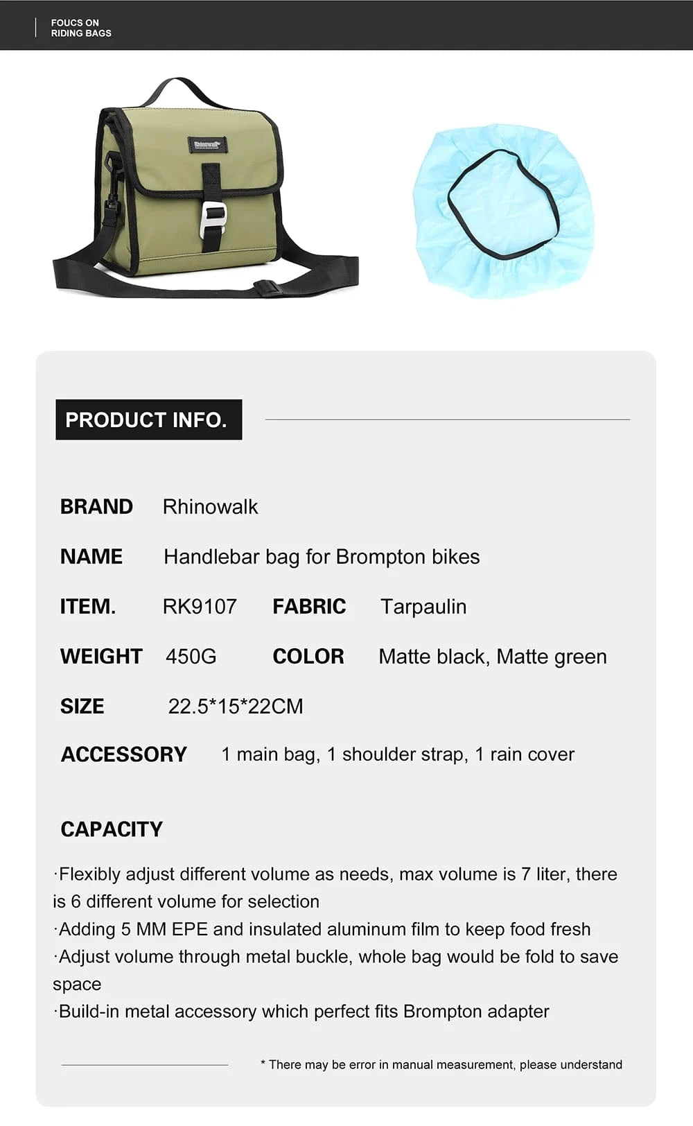 Bike & Bag Handlebar bag RHINOWALK -  Waterproof Handlebar Bag for Brompton Bikes (4L to 7L)